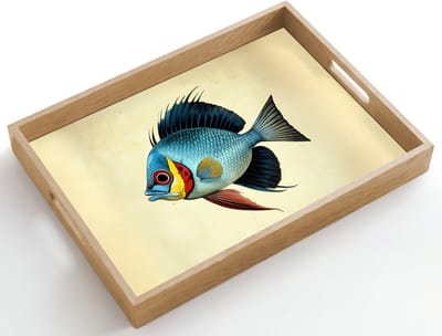 Dienblad hout 50x35 cm - Schootdienblad - Blauw - Kieuwen - Vis - Illustratie - Borrelplank rechthoek - Plateau dienbladen