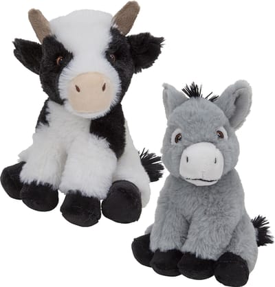 Nature Planet Knuffel boerderijdieren - Koe 23 cm - Ezel 16 cm - zacht speelgoed - pluche
