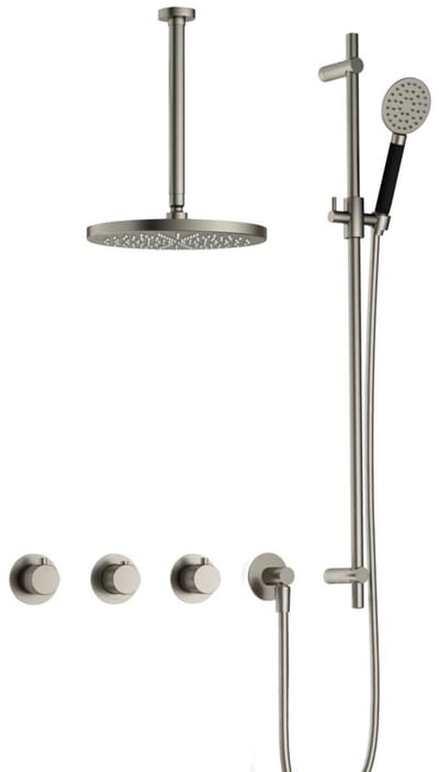 Hotbath Cobber X IBSX70 inbouw regendoucheset met ronde handdouche aan glijstang en 30cm ronde hoofddouche aan 30cm plafondarm geborsteld nikkel