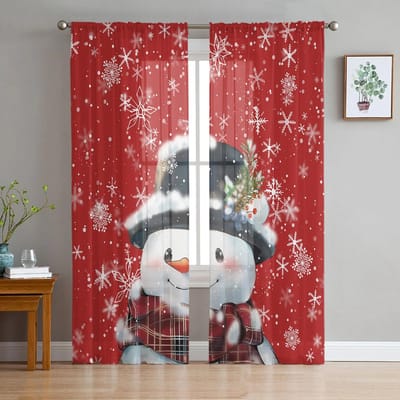 Kerst Sneeuwpop Sneeuwvlok Rood Transparante Gordijnen voor Woonkamer Decoratie Raamgordijnen Keuken Tule Voile Gordijnen W135 x H115cm x1 brown