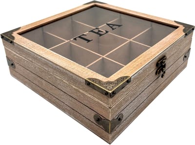 Purepeak Theedoos 9 Vaks - Theekist - 24 x 24 x 8,5 cm - Hout