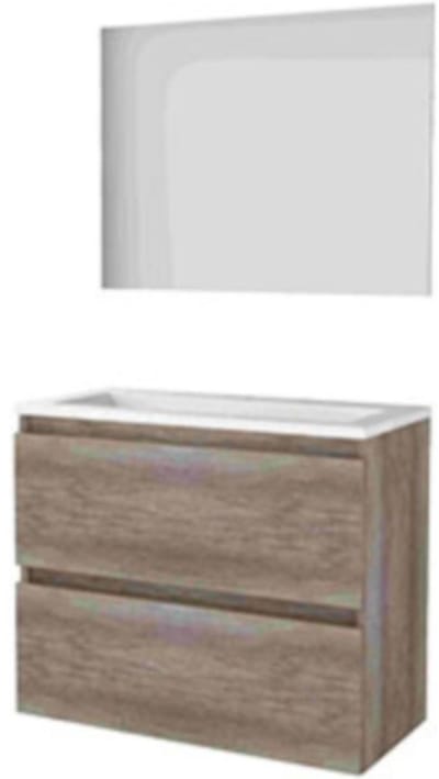 Basic-Line Ultimate 39 Badkamermeubelset - Ondiep - 80 x 39 cm - Greeploos - 2 Lades - Acryl Wastafel - 1 Kraangat - Spiegel met Indirecte LED Verlichting - Scotch Oak