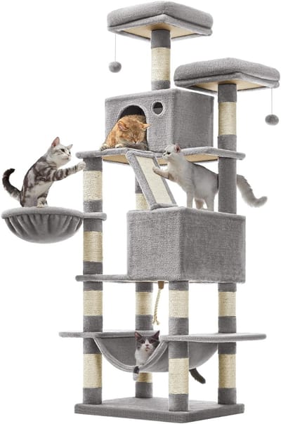 SNJY® Krabpaal Voor Grote Katten - Krabton - Kattenboom - Kattenhuis - Kattenmand - 45L x 55B x 168H cm - Lichtgrijs