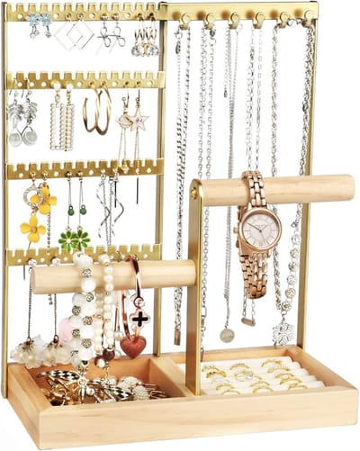 Gouden Sieraden Organizer Stand met 4 Niveaus en Dienblad voor Kettingen, Oorbellen en Ringen