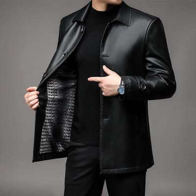 Herfst en Winter Nieuwe Heren Fleece Leren Jas Revers Leren Jas Middelbare en Oudere Leeftijd Papa Losse Casual Leren Jas 205 zwart