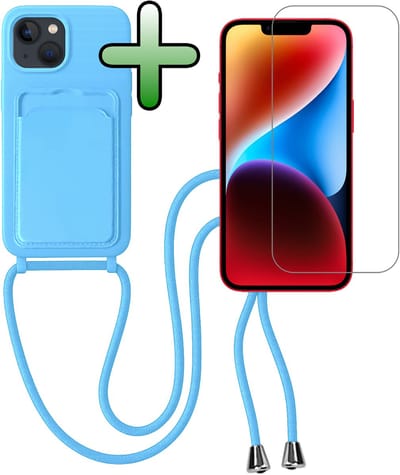 Hoes Geschikt voor iPhone 13 Hoesje Pas Houder Case Hoes Met Koord Met Screenprotector - Hoesje Geschikt voor iPhone 13 Hoes Met Telefoonkoord Pasjeshouder Cover - Lichtblauw