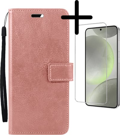 Hoesje Met Screenprotector - Geschikt voor Samsung Galaxy S24 - Luxe Pasjeshouder - Bookcase Portemonee - Flip Case - Kunstleer Book Case - Flipcase - Book Cover - Walletcase - Portemonneehoes - Rosé goud