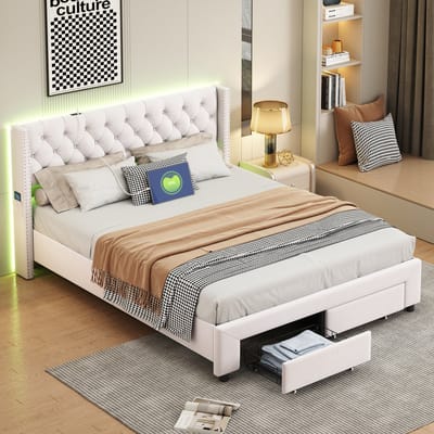 ROSAHQNDA Gestoffeerd bed 160 x 200 cm, tweepersoonsbed met houten lattenbodem, 2 laden, hoofdbord met trekkoord en led-verlichting, jeugdbed, logeerbed, beige fluweel