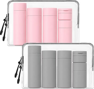 Tamarow 2 Sets Reisflesjes met Etui - 100ml Siliconen Reisflacons - 6-Delig - Reisaccessoires - Cosmetica Potjes - Reis Flesjes - Roze en Grijs