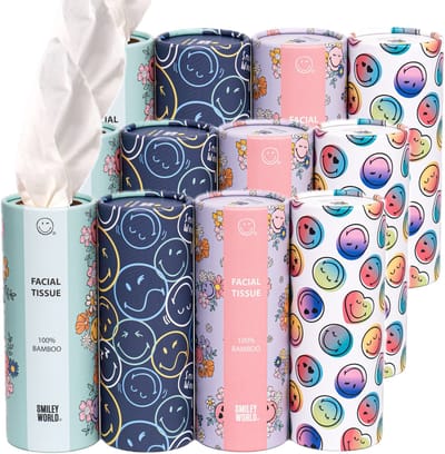 Smiley World® tissues - zakdoekjes – set van 12 assorti cilinders – cilindervormig ontwerp – 100% bamboe – plasticvrij – 3-laags – duurzame tissues in herbruikbare premium kokers – compact formaat voor auto, school, rugzak, thuis en reizen