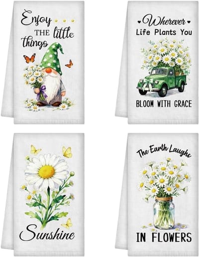 Set van 4 Decoratieve Theedoeken met Madeliefjes, Vlinders en Dwergen - Zachte en Absorberende Keukenhanddoeken voor Koken, Bakken en Huiswarming Geschenk