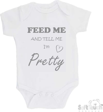 100% katoenen Romper "Feed me and tell me I'm pretty" Unisex Katoen Wit/grijs Maat 62/68