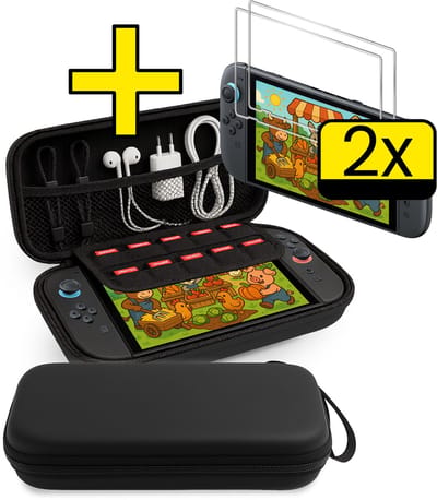Hoes Geschikt voor Nintendo Switch 2 Case Hoesje Polsbandje Met 2x Screenprotector - Bescherm Hoes Geschikt voor Nintendo Switch 2 Hoes Hard Cover - Zwart