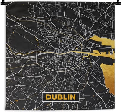 Wandkleed - Wanddoek - Goud - Plattegrond - Dublin - Stadskaart - Kaart - 180x180 cm - Wandtapijt