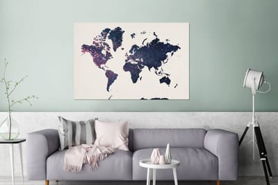 Aluminium schilderij 180x120 cm - Wanddecoratie metaal - Wereldkaart - Blauw - Glitter - Metalen muurdecoratie woonkamer - Decoratie industrieel - Foto op dibond - Industriële accessoires slaapkamer