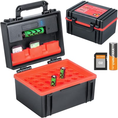 Hardcase opslagdoos voor AAA-batterijen en SD-kaarten, capaciteit voor 35 batterijen en 6 kaarten, inclusief batterijtester en duurzame bescherming
