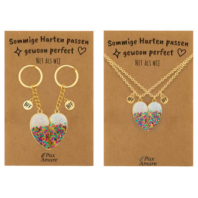 BFF Ketting + Sleutelhanger voor 2 'Sommige harten passen perfect' - Magnetisch Glitter Hartje - Bundel op Cadeau Kaartje - Goudkleurig - Vriendschap Symbool - Pax Amare