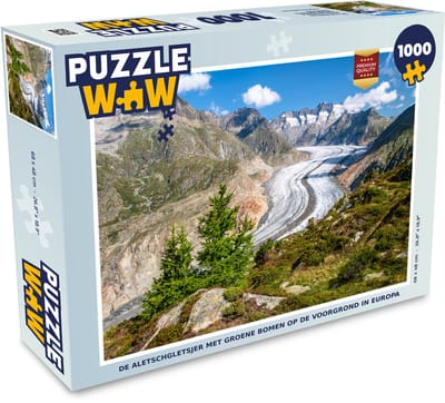 Puzzel De Aletschgletsjer met groene bomen op de voorgrond in Europa - Legpuzzel - Puzzel 1000 stukjes volwassenen