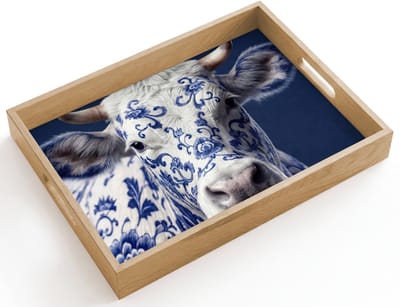 Dienblad hout 40x30 cm - Schootdienblad - Koe - Delfts - Blauw - Artistiek - Borrelplank rechthoek - Plateau dienbladen