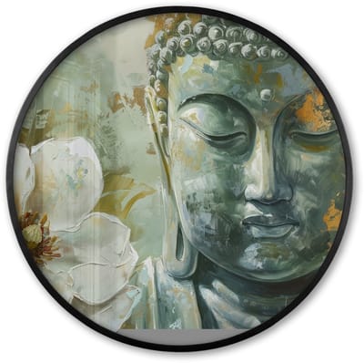 Poster in lijst Rond - Fotolijst 60x60 cm - Posters - Boeddha - Groen - Lotusbloem - Wit - Ronde posterlijst zwart - Decoratie - Wanddecoratie woonkamer - Muurdecoratie slaapkamer