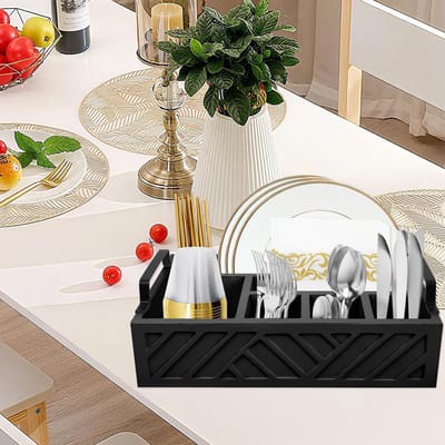 Dailygoody - Houten Bestekhouder - Draagbare Organizer - Elegant 6-vakken - Zwart - Keuken Organizer - Multifunctioneel - Voor Koffie en Keuken