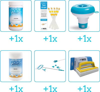 Zwembad Onderhoudspakket - Onderhoud Zwembad - bevat Chloor - Testrips - Chloordrijver - Chloor - Schoonmaakset en Scrubborstel (6-delig)
