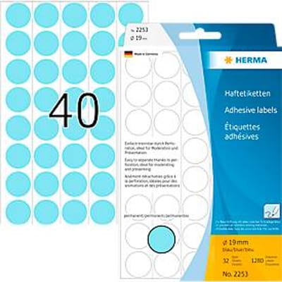 HERMA zelfklevende stippen 2253, Ø 19 mm, zelfklevend, permanent klevend, met de hand beschrijfbaar, 1280 stuks op 32 vellen, FSC®-papier, blauw