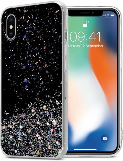 Cadorabo Hoesje geschikt voor Apple iPhone X / XS in Zwart met Glitter - Beschermhoes van flexibel TPU silicone met fonkelende glitters Case Cover Etui