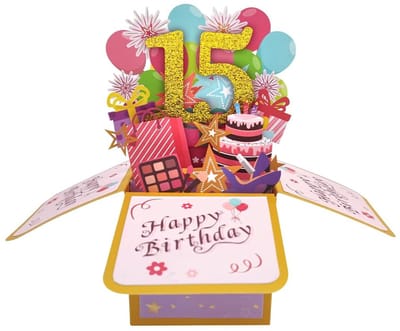 Dailygoods- Pop-upkaart 15e Verjaardag - 3D Wenskaart - Verjaardagskaart voor Meisjes - Grappige Verjaardagsdecoratie - Cadeau Idee voor Dochters/Nichtjes