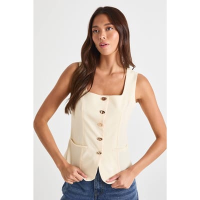 boohoo Dames Vest met vierkante hals en gouden knoop | Boter | Maat: 36