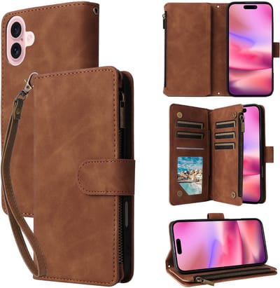YPCd Wallet Case Pasjeshouder met Rits – Geschikt voor Apple iPhone 17 – Luxe Bookcase Hoesje met 6 Pasjesvakken & Polsbandje – Bruin