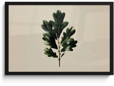 Poster in lijst - Fotolijst 60x40 cm - Posters - Eikenbladeren - Beige - Groen - Golvende randen - Posterlijst zwart - Decoratie - Wanddecoratie woonkamer - Muurdecoratie slaapkamer