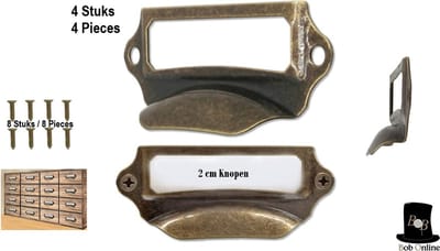 Bob Online™ - 4 Stuks – Bronze Kleurig - Trek Label Grepen- Labelhouder Trek Grepen - Vintage Labelhouder Handgrepen – Labelhouder – Metaal Handgrepen - Inclusief 8 x Schroeven - Keukenkastje, Kantoorladtjes Labelhouder Handgrepen – (L) 7cmx(B) x 3cm