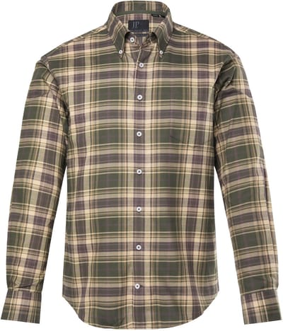 JP 1880 - Heren - Geruit overhemd lange mouwen buttondown kraag Modern Fit - Olijfgroen - Maat 3XL