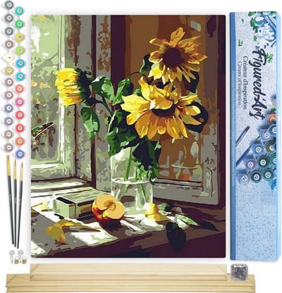 Figured'Art Schilderen op Nummer Volwassenen canvas Zonnebloemen en appel voor het raam - Handwerk acrylverf Kit DIY Compleet - 40x50cm met DIY houten lijst