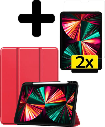 Hoes - Geschikt voor Apple iPad Pro (2021) - 12.9 inch - Met Screenprotector - Trifold Bookcase - Hard Cover Case - Met Uitsparing Geschikt voor Apple Pencil - Hardcover Book - Tablet Hoesje - Rood
