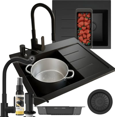 Granitan Amber spoelbak - 60 x 50 cm - zwart - met afdruiprek en kraanset - Links