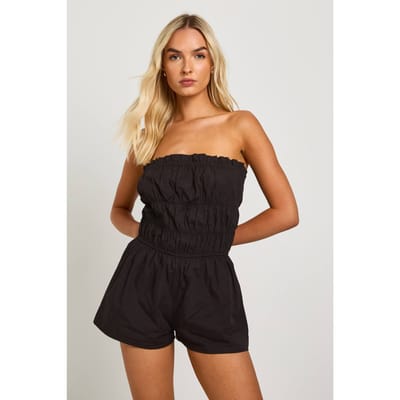 boohoo Dames Katoenen Poplin Geruched Playsuit | Zwart | Maat: 38
