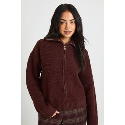 boohoo Dames Chunky boucle gebreide trui met ritssluiting | Chocolate | Maat: Small