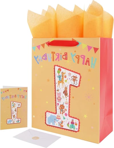 Qirrmiy 13 inch grote baby jongen meisje geschenkzakje set met handvatten, wenskaart, tissuepapier en stickers voor babyjongen, meisje, kinderen voor babyshower, 1e verjaardagsfeestje
