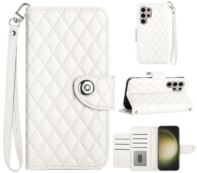 Voor Samsung Galaxy S24 Ultra 5G ruitvormige textuur flip lederen telefoonhoes met draagkoord (wit)