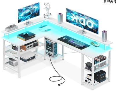 RFWR® Groot Gaming Bureau met LED Verlichting en USB Poorten - Omkeerbaar Hoekbureau 150x102 cm