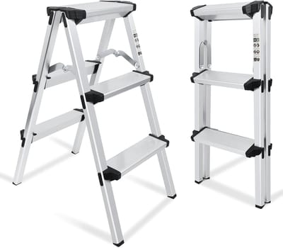 Aluminium Trapladder - Vouwtrap Huishoudtrap - Huishoudelijke Taken - Aan Beide Zijden Beloopbaar - 2 x 3 Treden - Zilver