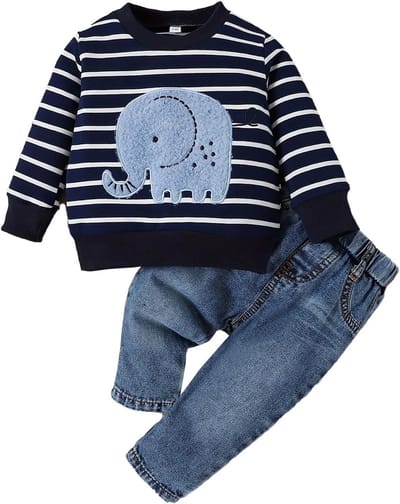 2-delige Jongenskleding Set: Gestreept Shirt met Olifant en Jeans Lange Broek voor Baby en Peuter