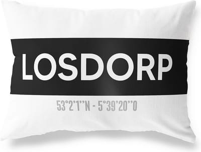 Tuinkussen LOSDORP - GRONINGEN met coördinaten - Buitenkussen - Bootkussen - Weerbestendig - Jouw Plaats - Studio216 - Modern - Zwart-Wit - 50x30cm