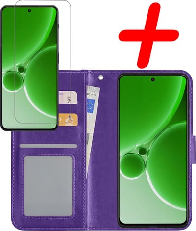 Hoesje Met Screenprotector - Geschikt voor OnePlus Nord 3 - Luxe Pasjeshouder - Bookcase Portemonee - Flip Case - Kunstleer Book Case - Flipcase - Book Cover - Walletcase - Portemonneehoes - Paars
