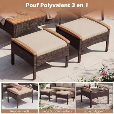 Dailygoods 5-delige rotan tuinmeubelset: 2 fauteuils, 2 ottomanen en bijzettafel met blad van acaciahout en afneembare k