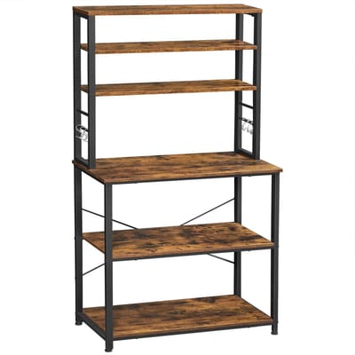 Multifunctioneel keukenrek met 6 legplanken en 6 haken, 40×80×167 cm, bruin en zwart, modern eenvoudig design, stevig metalen frame met verstelbare plank, geschikt voor keuken, woonkamer of slaapkamer