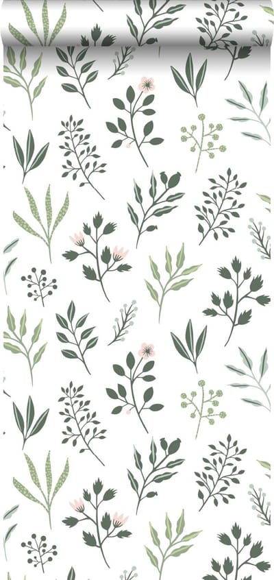 Walls4You behang veldbloemen groen en wit - 935320 - 0,53 x 10,05 m