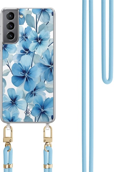 Casimoda® hoesje met lichtblauw koord - Geschikt voor Samsung S21 Plus - Indigo Gardens - Afneembaar koord - TPU/polycarbonaat - Blauw